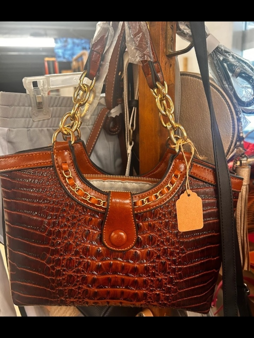 Croc-Embossed Shoulder Satchel in Warm Brown with Gold Chain